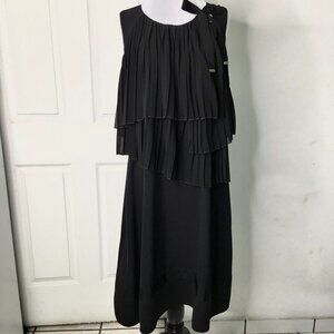 Atos Lombardini Black Pleated Bib Shift Dress Size Medium Workwear Cocktail